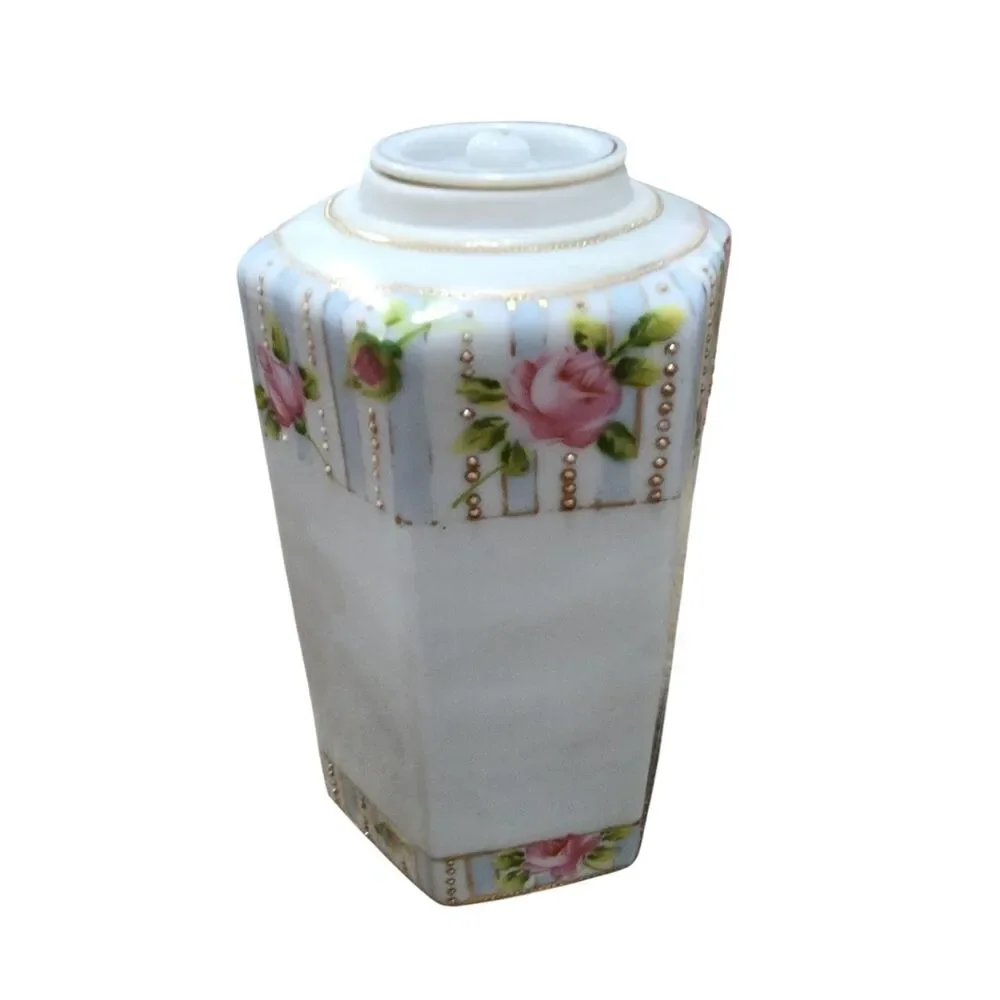 Antique Nippon Hand Painted Porcelain Hexagon Jar Pink Roses Gold Trim